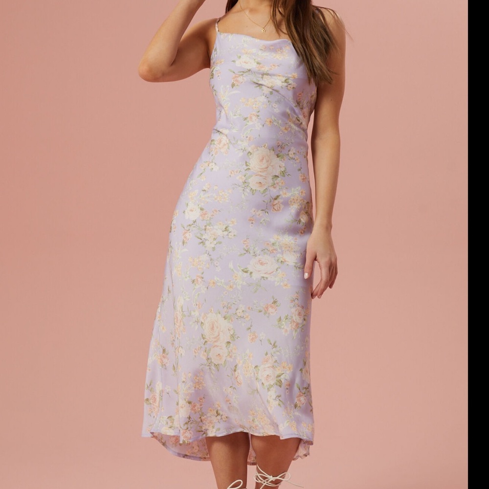 Altar’d State Blythe Floral Satin Slip Dress Purple Wedding Guest Knee Length